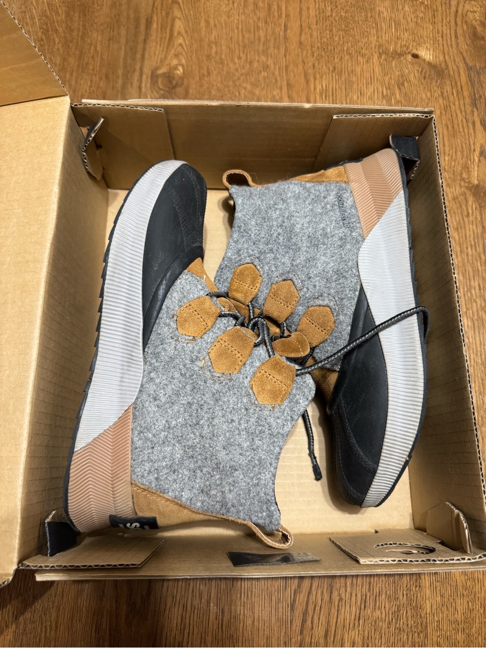 Sorel Gray Felt and Tan Suede Lace-Up Ankle Booties